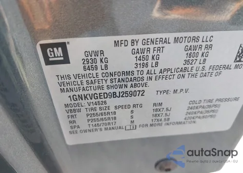 2011 Chevrolet Traverse 1Lt z USA, uszkodzony, nr VIN 1GNKVGED9BJ259072